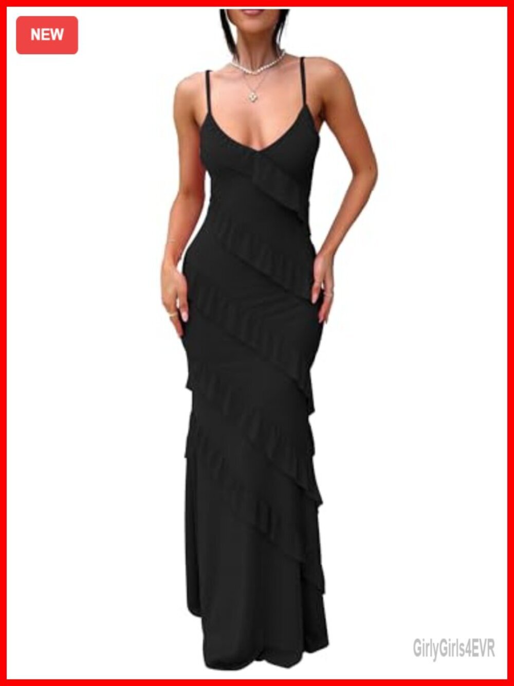 Sexy V Neck Backless Bodycon Spaghetti Strap Ruffle Maxi Party Dress